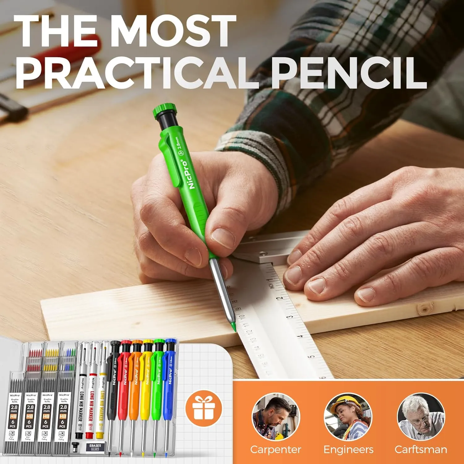 Nicpro 6 Pack CP1000 Carpenter Pencil with Sharpener, Mechanical Carpenter Pencils with 66 Refills, Deep Hole Long Nib Marker Pens for Construction, Heavy Duty Woodworking Pencil for Architect Marking