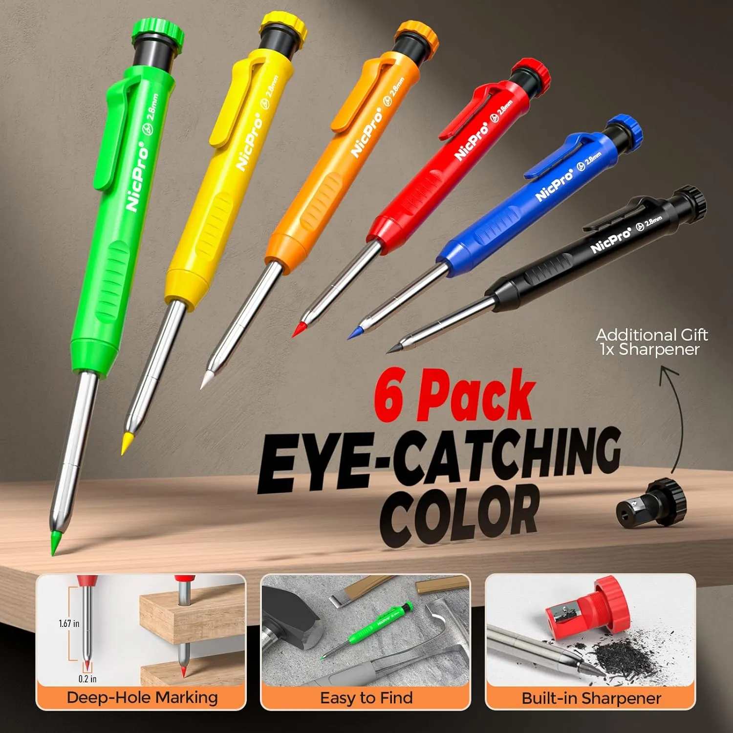 Nicpro 6 Pack CP1000 Carpenter Pencil with Sharpener, Mechanical Carpenter Pencils with 66 Refills, Deep Hole Long Nib Marker Pens for Construction, Heavy Duty Woodworking Pencil for Architect Marking