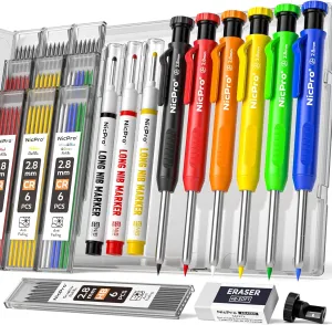 Nicpro 6 Pack CP1000 Carpenter Pencil with Sharpener, Mechanical Carpenter Pencils with 66 Refills, Deep Hole Long Nib Marker Pens for Construction, Heavy Duty Woodworking Pencil for Architect Marking