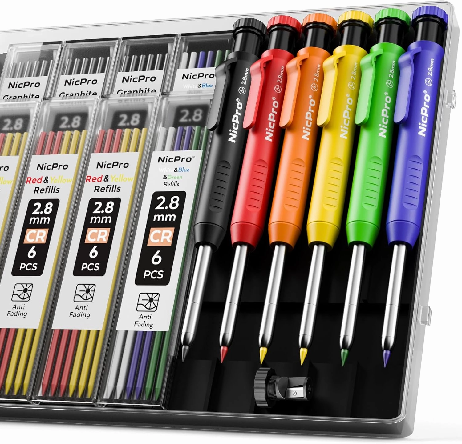Nicpro 6 Pack Carpenter Pencil with Sharpener,Mechanical Pencils Set 54PCS Refills(Black,Red,Yellow,Blue,Green,White) Deep Hole Marker Construction Heavy Duty Woodworking -With Case