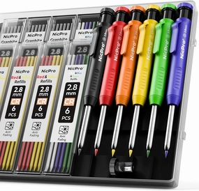 Nicpro 6 Pack Carpenter Pencil with Sharpener,Mechanical Pencils Set 54PCS Refills(Black,Red,Yellow,Blue,Green,White) Deep Hole Marker Construction Heavy Duty Woodworking -With Case