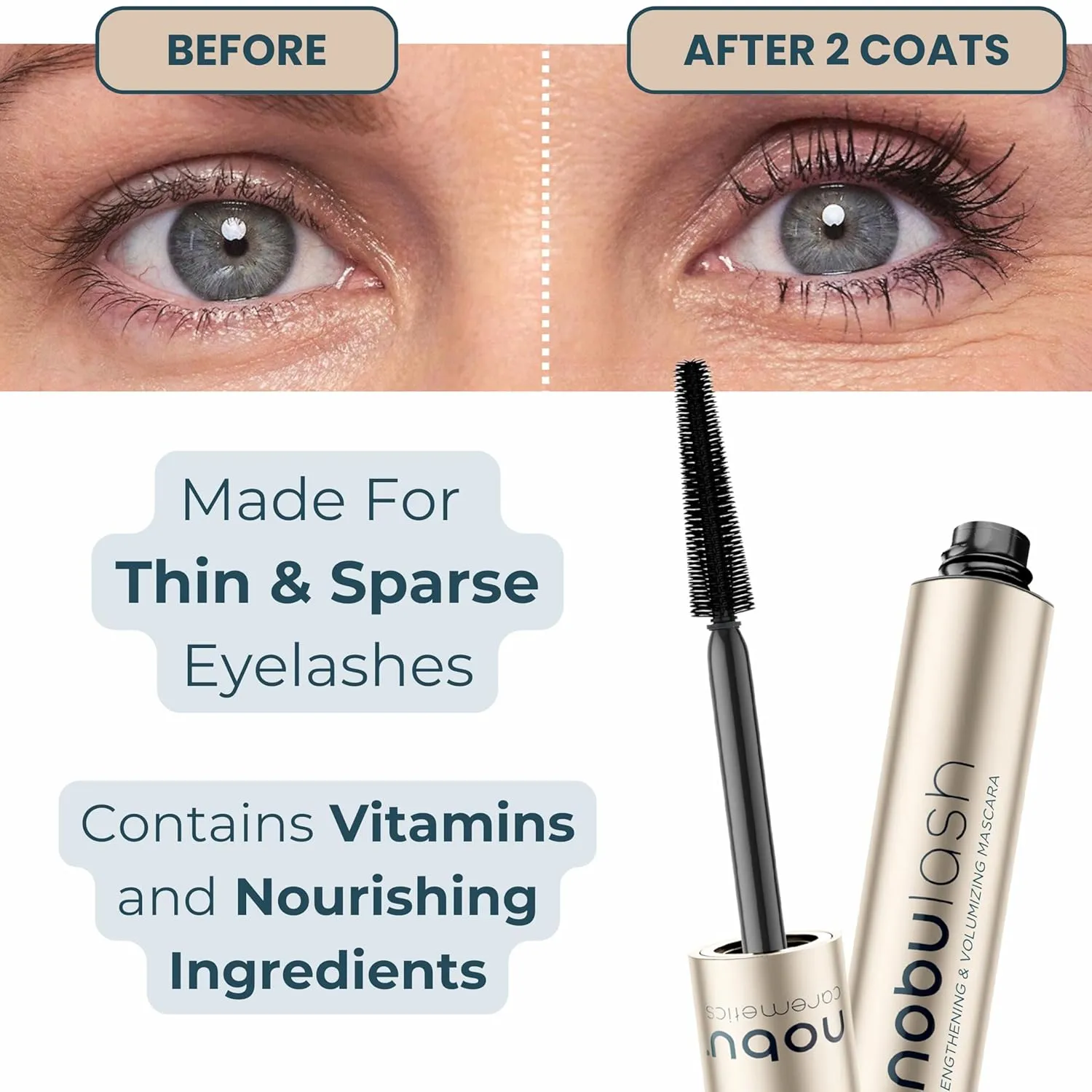 NobuLash Mascara for Older Women - Volumizing & Lengthening, Long-stay, Long-wearing, Hypoallergenic, NO CLUMPS, NO SMUDGES, Vegan, 2-in-1 Formula - Incredible Length in 2 coats (Natural Black)