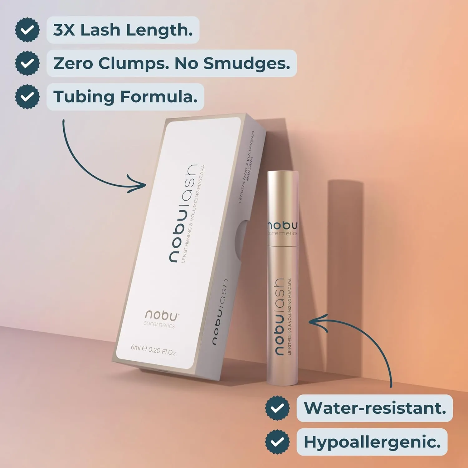 NobuLash Mascara for Older Women - Volumizing & Lengthening, Long-stay, Long-wearing, Hypoallergenic, NO CLUMPS, NO SMUDGES, Vegan, 2-in-1 Formula - Incredible Length in 2 coats (Natural Black)