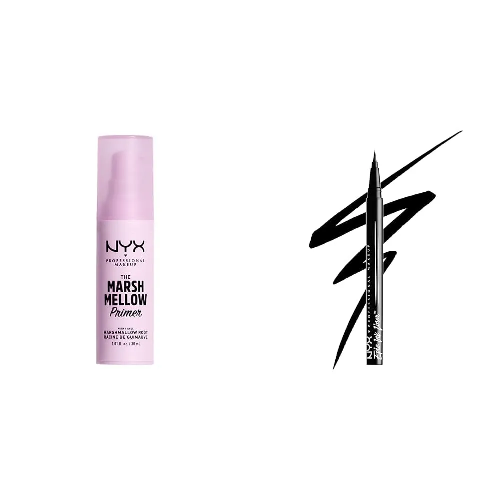 NYX PROFESSIONAL MAKEUP Marshmellow Smoothing Primer, Vegan Face Primer, 10-In-1 Skin Benefits & Epic Ink Liner, Waterproof Liquid Eyeliner - Black, Vegan Formula
