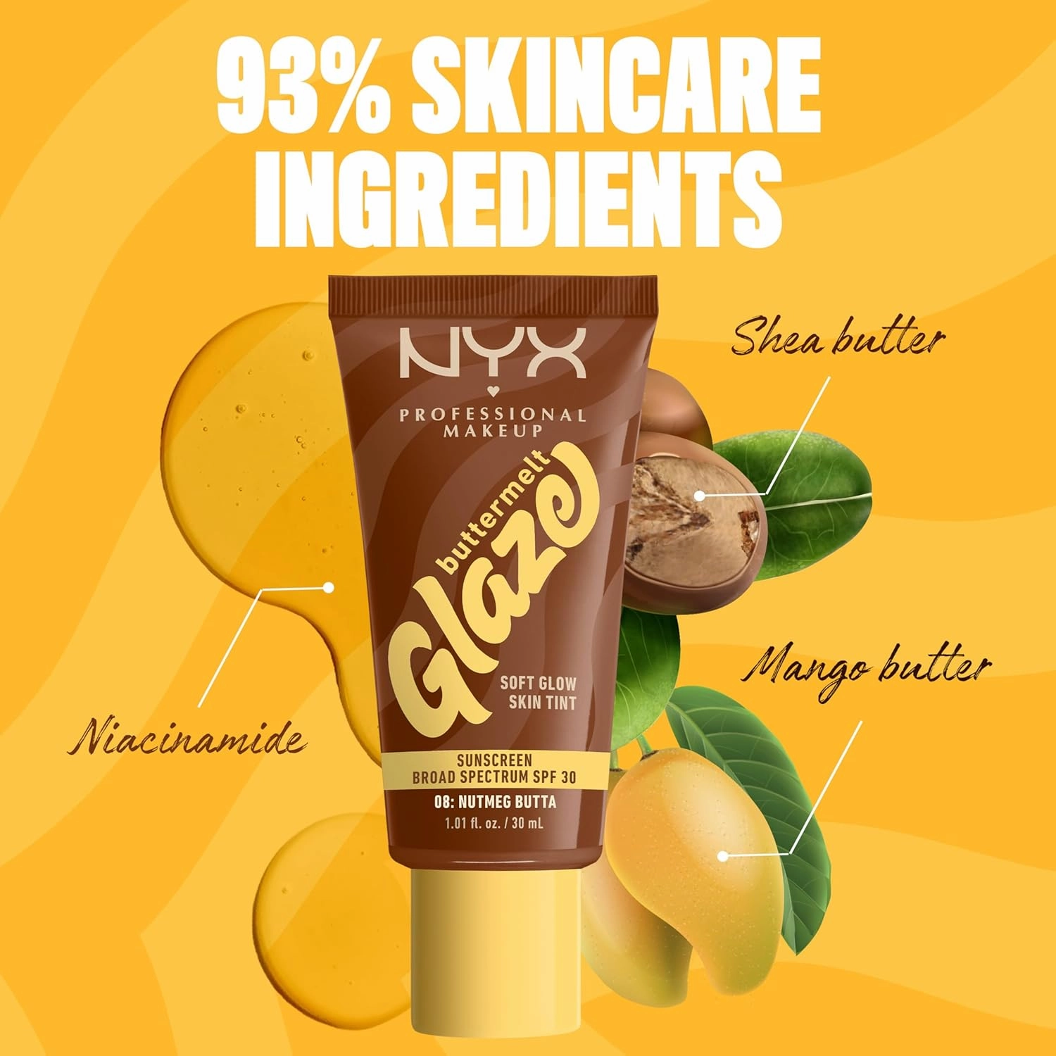 NYX PROFESSIONAL MAKEUP Buttermelt Glaze Soft Glow Skin Tint   SPF 30, Up To 12HR Wear, 08 Nutmeg Butta