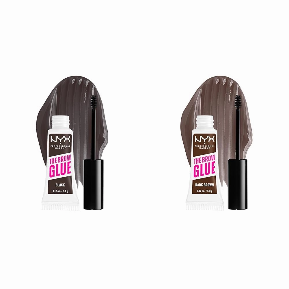 NYX PROFESSIONAL MAKEUP The Brow Glue Extreme Hold Tinted Eyebrow Gel Bundle - Black and Dark Brown