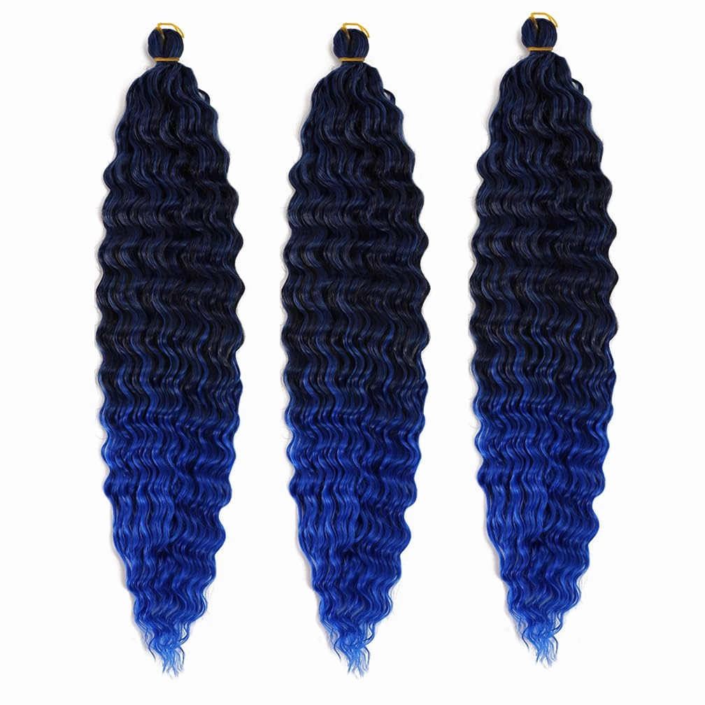 Ocean Wave Crochet Hair 22 Inch Deep Wave Braiding Hair Long Curly Crochet Braids Hair Extensions Ombre Black to Blue 3 Packs