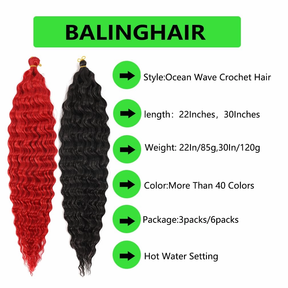 Ocean Wave Crochet Hair 22 Inch Deep Wave Braiding Hair Long Curly Crochet Braids Hair Extensions Ombre Black to Blue 3 Packs