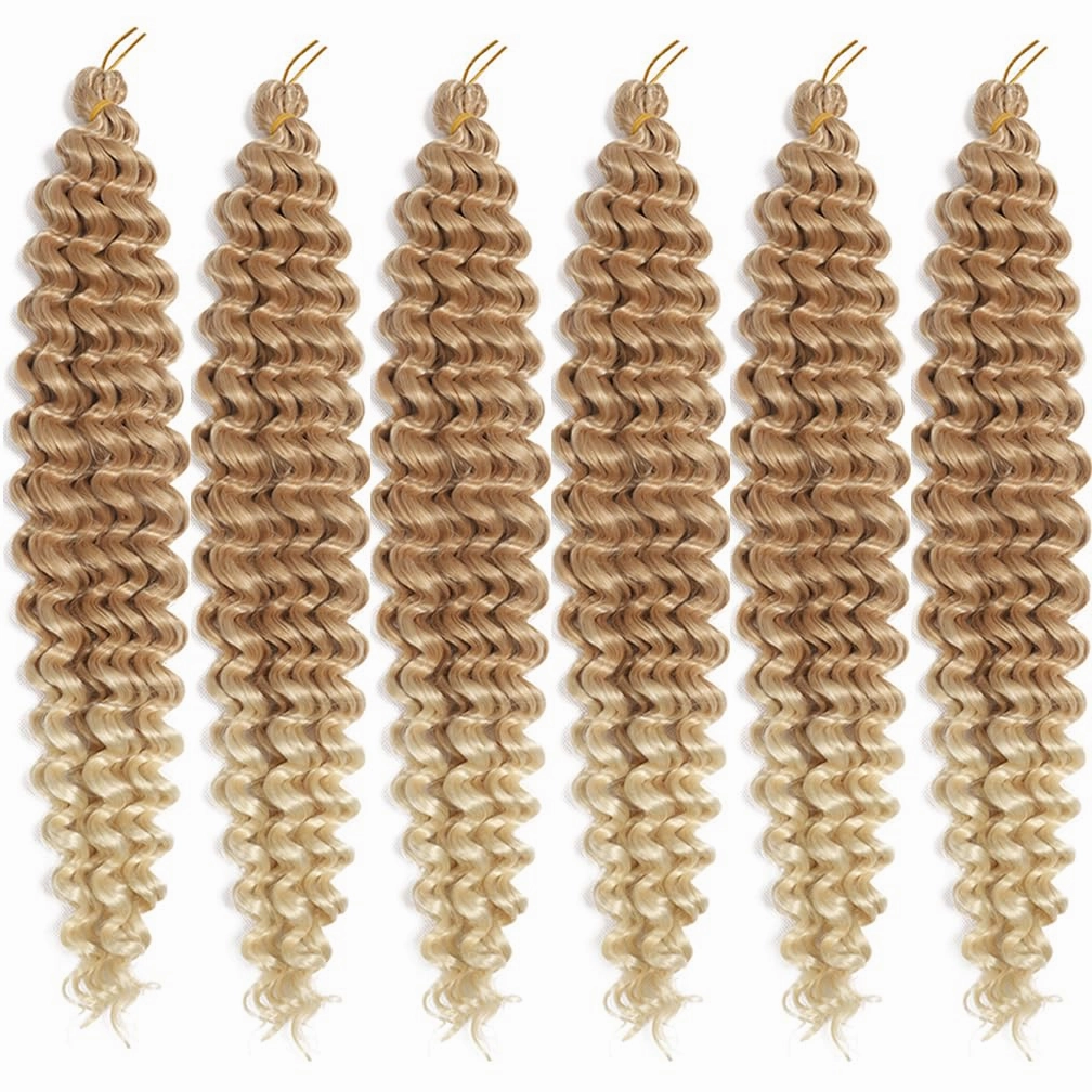 Ocean Wave Crochet Hair 22 Inch Deep Wave Braiding Hair Long Curly Crochet Braids Hair Extensions Ombre Light Brown to Beige(27/613-6Pcs)