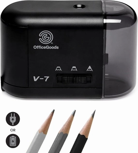 OfficeGoods Electric Pencil Sharpener - Battery or Cord Powered Portable Sharpener - Perfectly Sharpens Colored Pencils, Drafting Pencils for Kids, Adults, Office, School and Home - Black