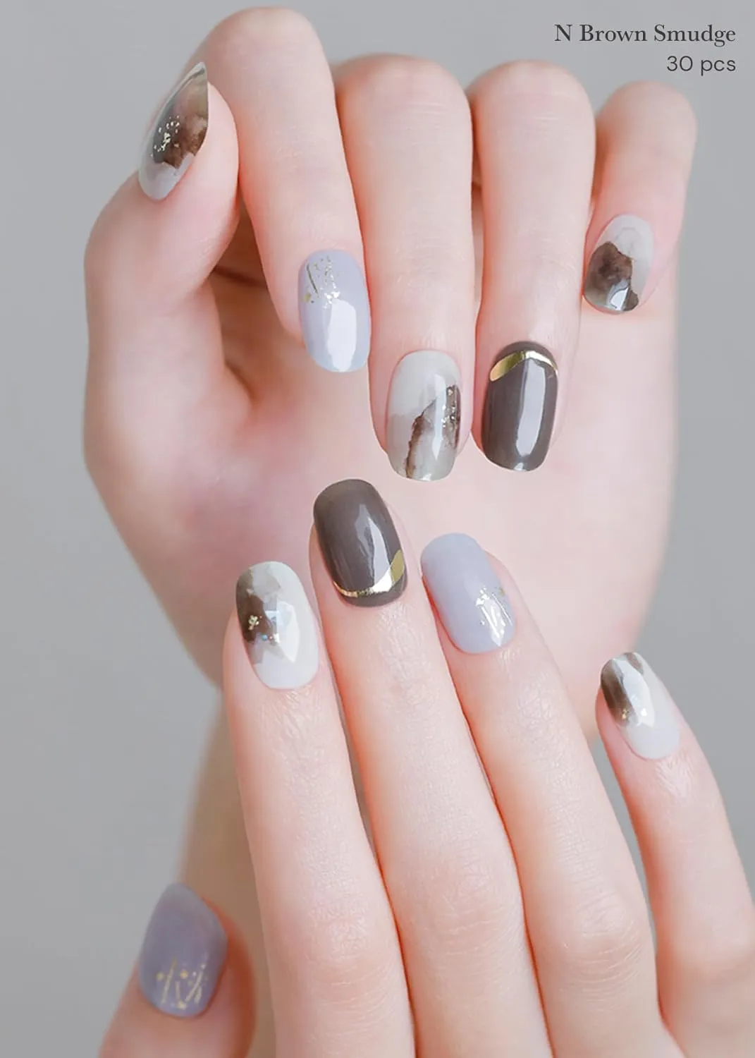 ohora Semi Cured Gel Nail Strips (N Brown Smudge) - Brown, Patterned, Works with Any UV/LED Lamps, Salon-Quality, Long Lasting, Easy to Apply & Remove - Includes 2 Prep Pads, Nail File & Wooden Stick