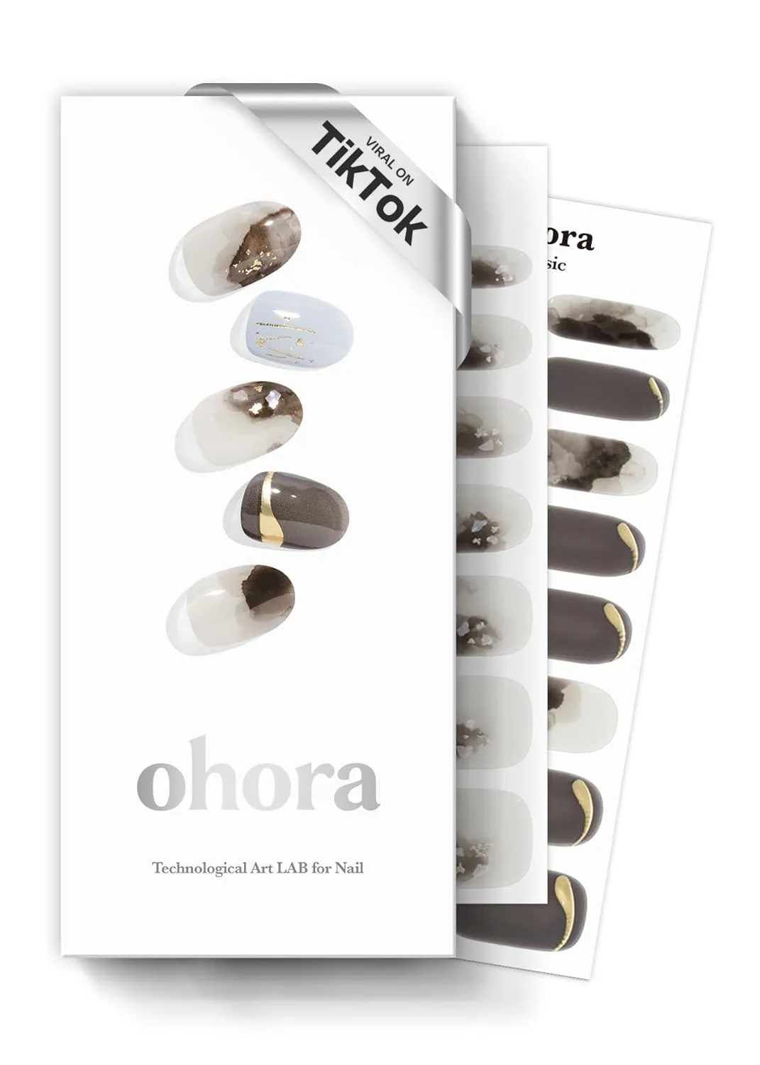ohora Semi Cured Gel Nail Strips (N Brown Smudge) - Brown, Patterned, Works with Any UV/LED Lamps, Salon-Quality, Long Lasting, Easy to Apply & Remove - Includes 2 Prep Pads, Nail File & Wooden Stick
