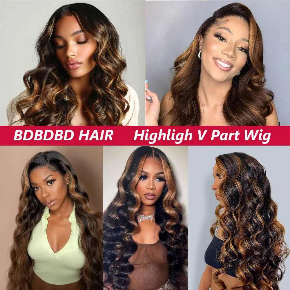 Ombre V Part Wig Human Hair Body Wave Upgrade U Part Human Hair Wig with Clips Brown Wigs for Black Women 180% Density No Leave Out Highlight Wig Beginner Friendly (16 inch)