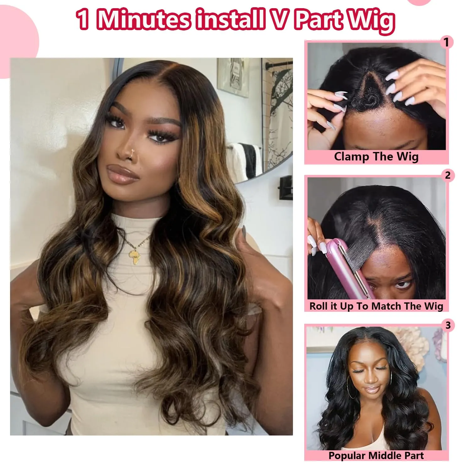 Ombre V Part Wig Human Hair Body Wave Upgrade U Part Human Hair Wig with Clips Brown Wigs for Black Women 180% Density No Leave Out Highlight Wig Beginner Friendly (16 inch)