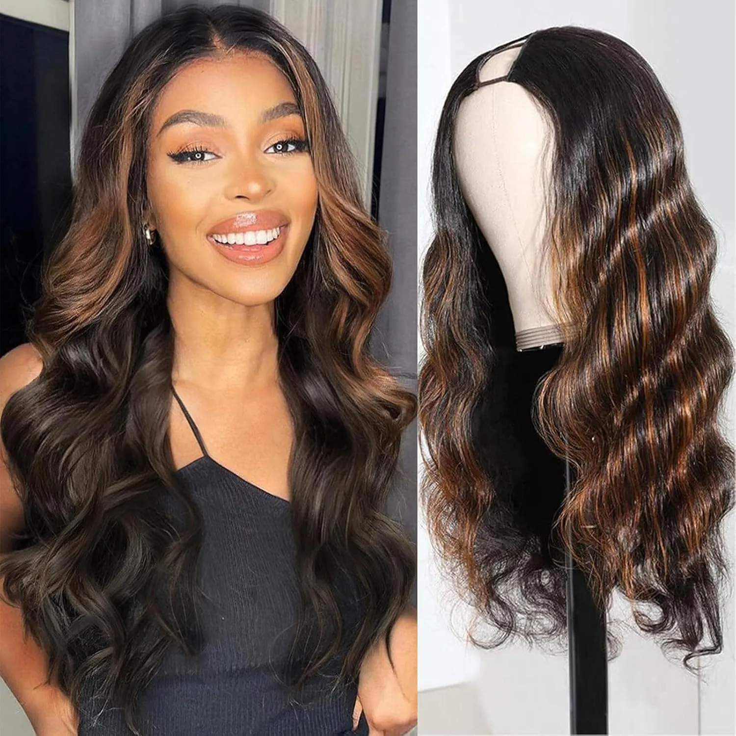 Ombre V Part Wig Human Hair Body Wave Upgrade U Part Human Hair Wig with Clips Brown Wigs for Black Women 180% Density No Leave Out Highlight Wig Beginner Friendly (16 inch)