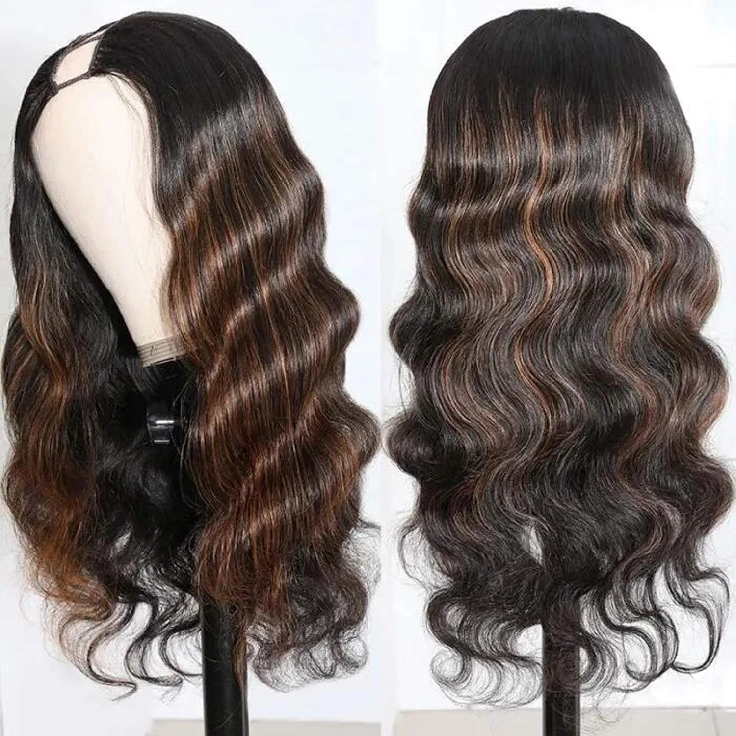 Ombre V Part Wig Human Hair Body Wave Upgrade U Part Human Hair Wig with Clips Brown Wigs for Black Women 180% Density No Leave Out Highlight Wig Beginner Friendly (16 inch)