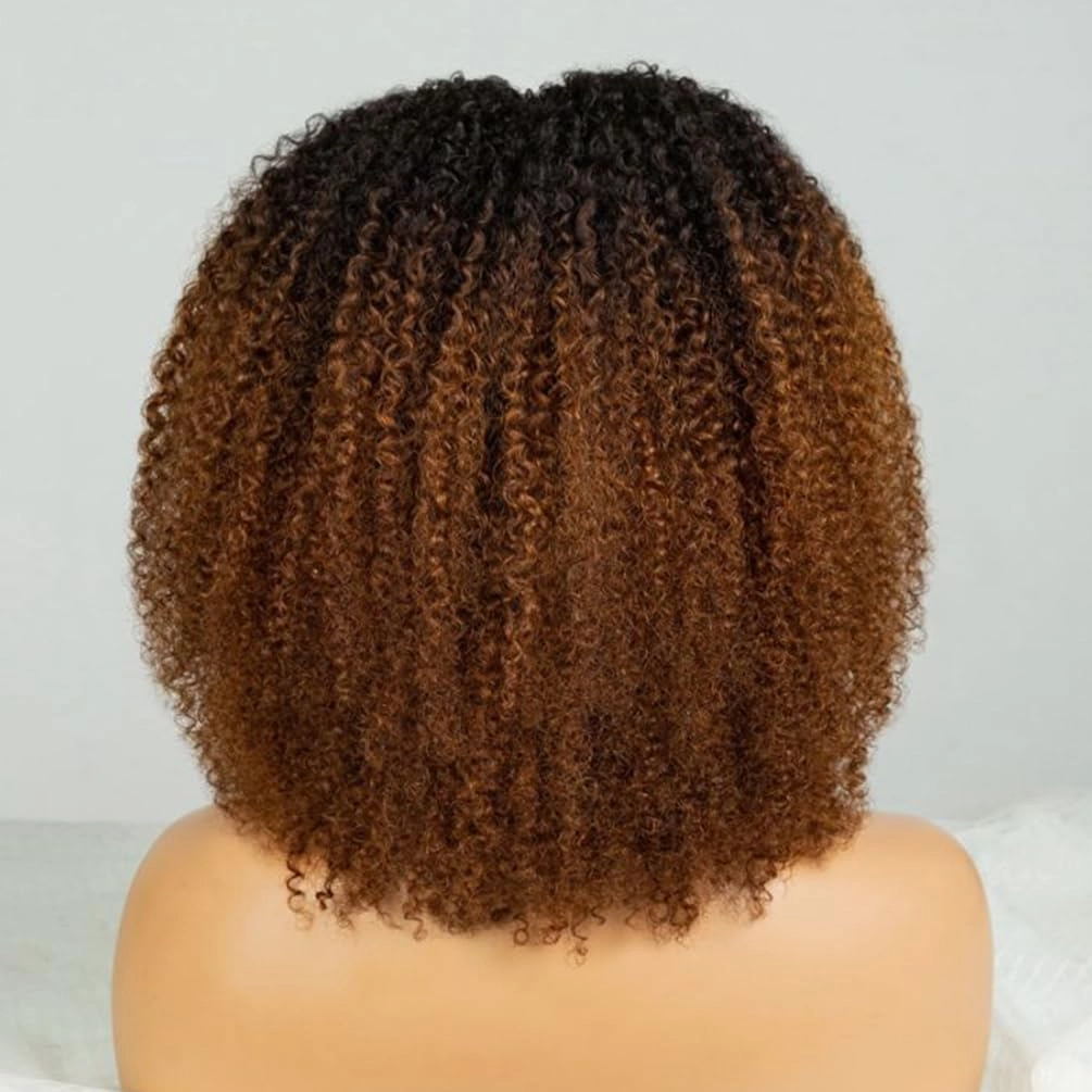 Ombre Brown Curly Human Hair Wigs For Black Women 180% Density Afro Kinky Curly V Part Human Hair Wig Upgrade U Part Wig Human Hair Wigs Brazilian Remy Glueless Wig No Sew in NO Glue 20 inches