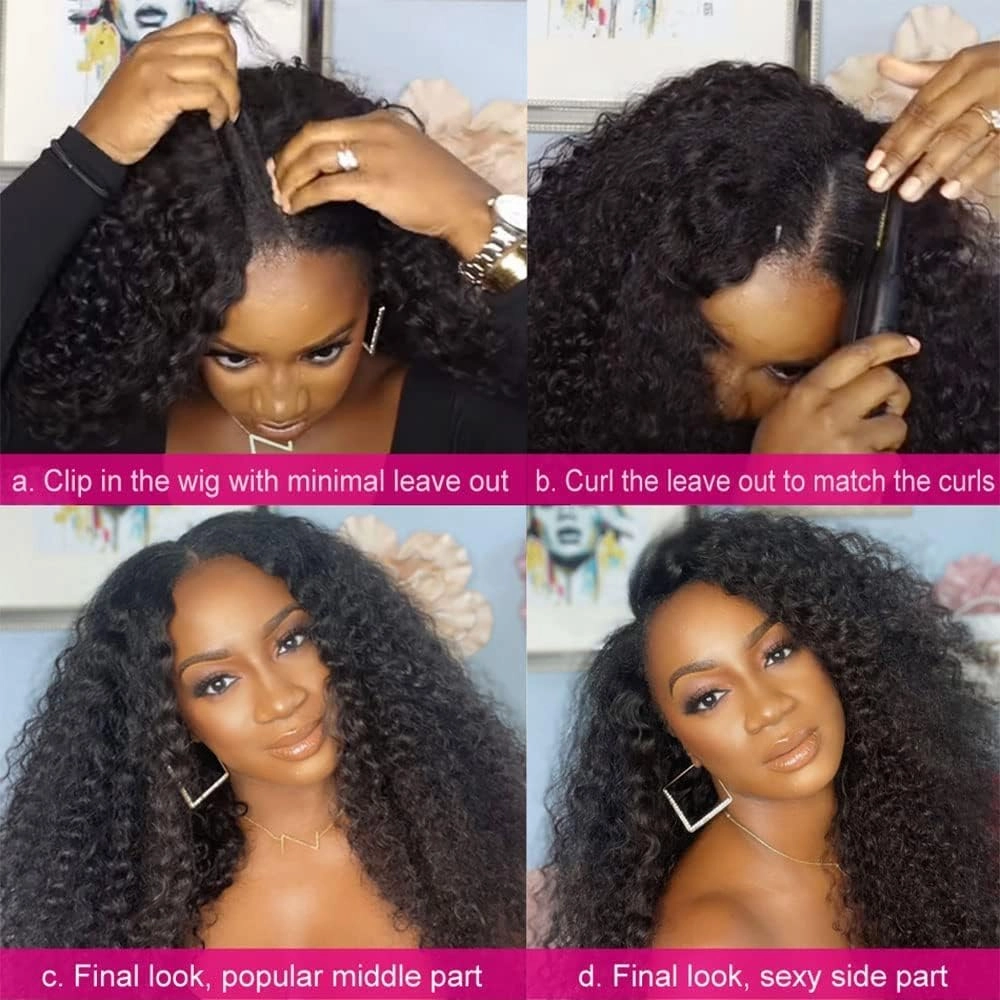 Ombre Brown Curly Human Hair Wigs For Black Women 180% Density Afro Kinky Curly V Part Human Hair Wig Upgrade U Part Wig Human Hair Wigs Brazilian Remy Glueless Wig No Sew in NO Glue 20 inches