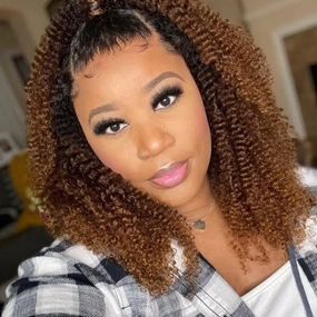 Ombre Brown Curly Human Hair Wigs For Black Women 180% Density Afro Kinky Curly V Part Human Hair Wig Upgrade U Part Wig Human Hair Wigs Brazilian Remy Glueless Wig No Sew in NO Glue 20 inches