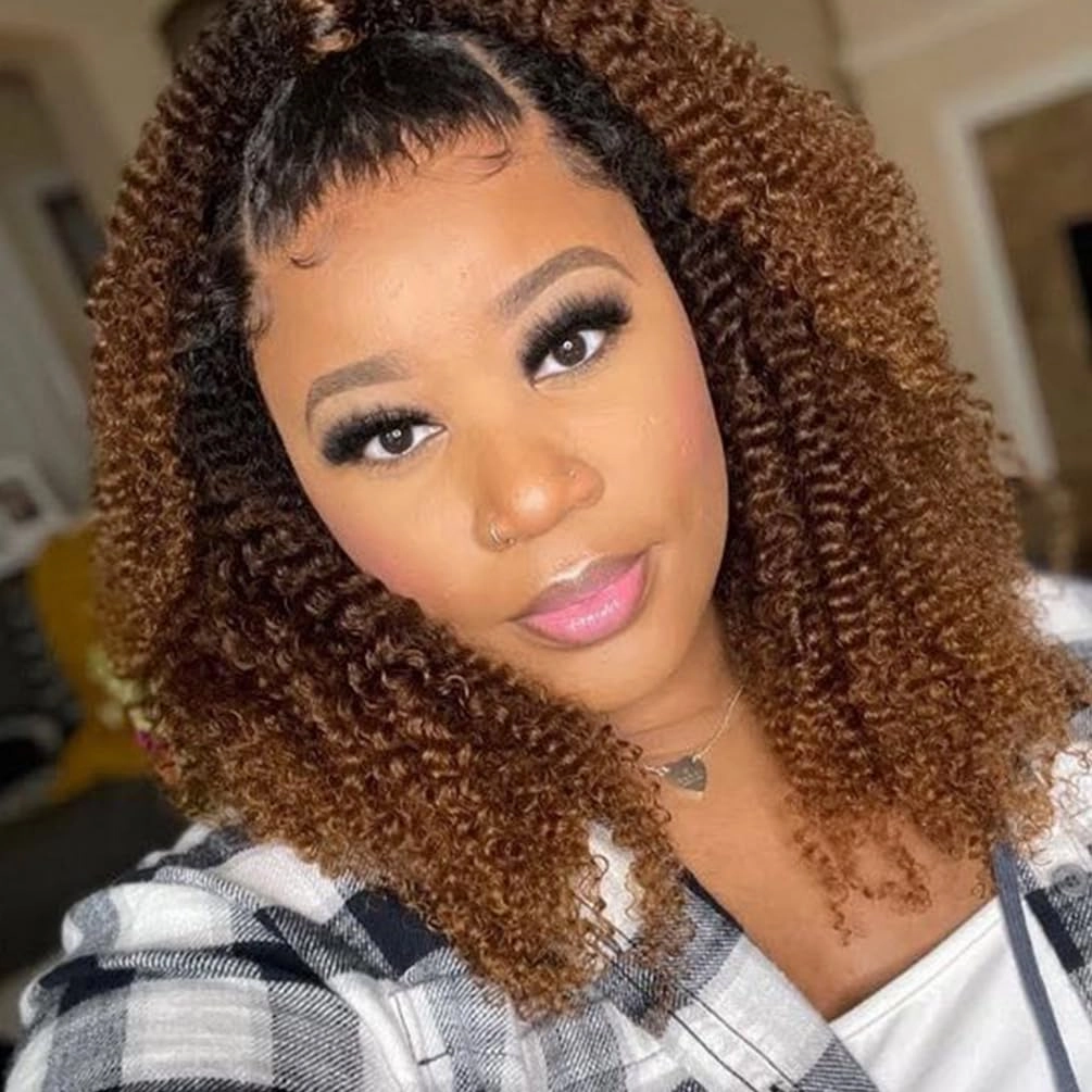 Ombre Brown Curly Human Hair Wigs For Black Women 180% Density Afro Kinky Curly V Part Human Hair Wig Upgrade U Part Wig Human Hair Wigs Brazilian Remy Glueless Wig No Sew in NO Glue 20 inches