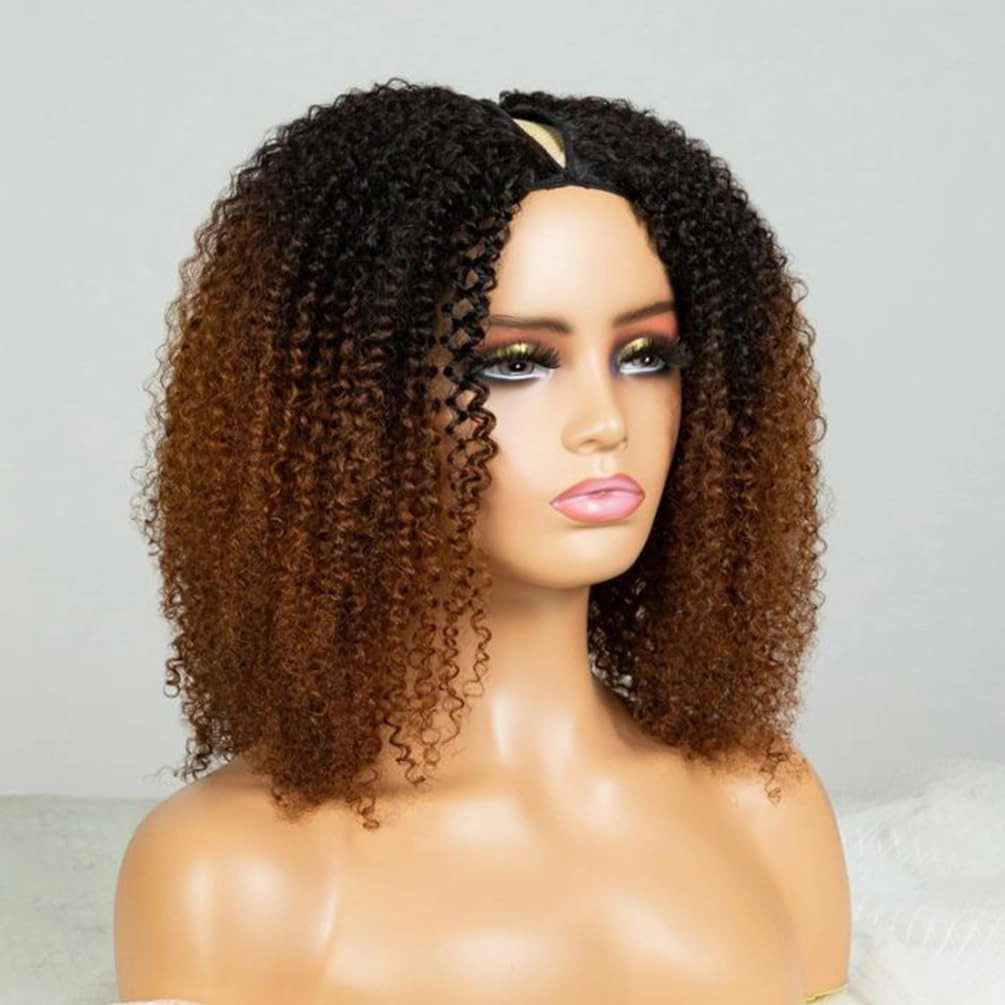 Ombre Brown Curly Human Hair Wigs For Black Women 180% Density Afro Kinky Curly V Part Human Hair Wig Upgrade U Part Wig Human Hair Wigs Brazilian Remy Glueless Wig No Sew in NO Glue 20 inches