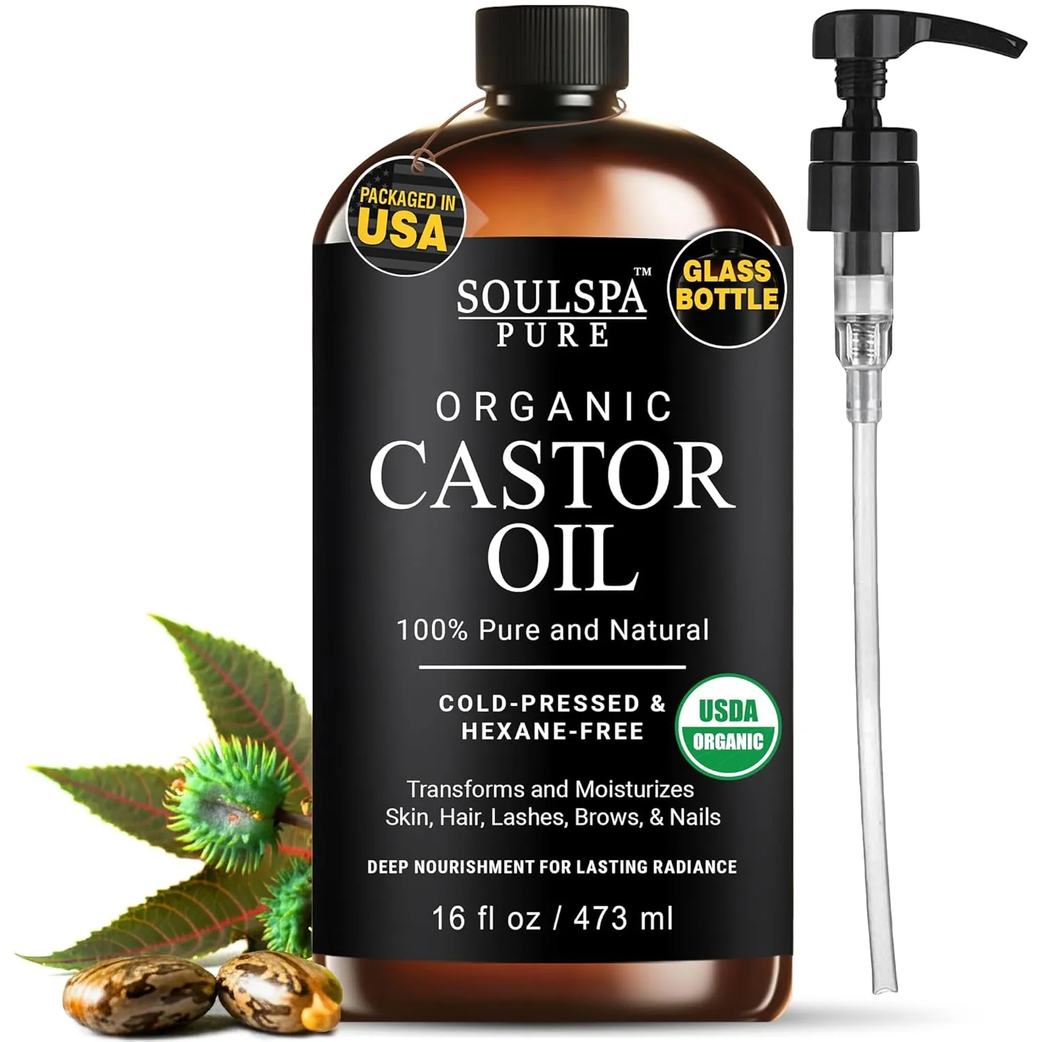 Organic Castor Oil for Hair, Scalp, Skin, Face & Eyelashes | USDA Certified | 100% Pure Castor Oil Organic Cold Pressed Unrefined Glass Bottle, Hexane Free - Soulspa Pure - 16 fl oz