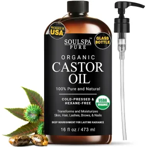 Organic Castor Oil for Hair, Scalp, Skin, Face & Eyelashes | USDA Certified | 100% Pure Castor Oil Organic Cold Pressed Unrefined Glass Bottle, Hexane Free - Soulspa Pure - 16 fl oz