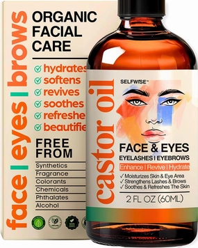 Organic Castor Oil For Face Moisturizer, Eyes, Eyelashes, Eyebrows, Wrinkles with Jojoba, Rosehip, Grapeseed, Squalane, Palmarosa, Bergamot and Vitamin E for Sensitive Skin, Men & Women 2oz
