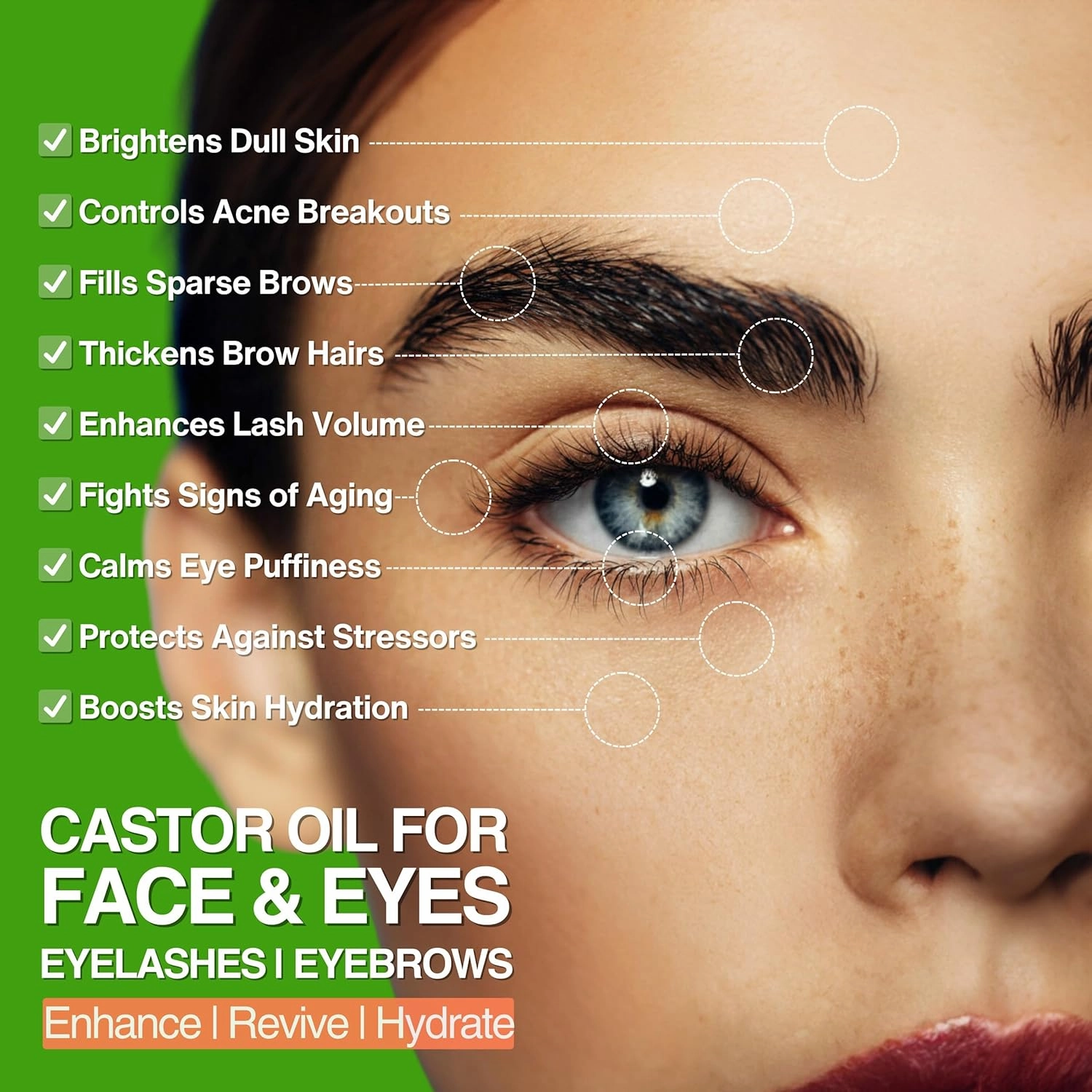 Organic Castor Oil For Face Moisturizer, Eyes, Eyelashes, Eyebrows, Wrinkles with Jojoba, Rosehip, Grapeseed, Squalane, Palmarosa, Bergamot and Vitamin E for Sensitive Skin, Men & Women 2oz