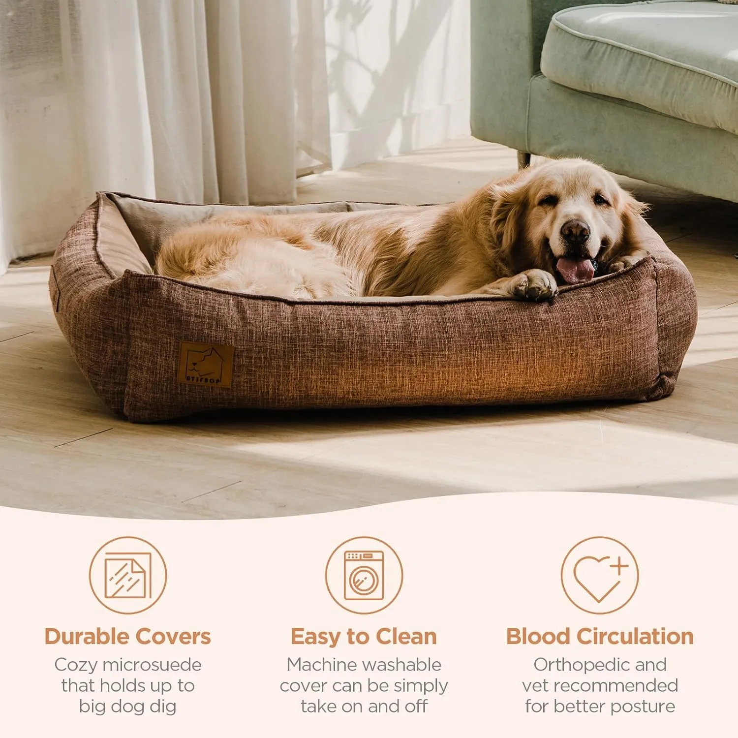 Orthopedic Dog Bed for Large Dogs, Memory Foam Dog Sofa with Waterproof & Washable Cover, Cooling Energy Gel. Couch, Pain Relief Soft Couch Pet Bed (Brown, 40x31x11 inch)
