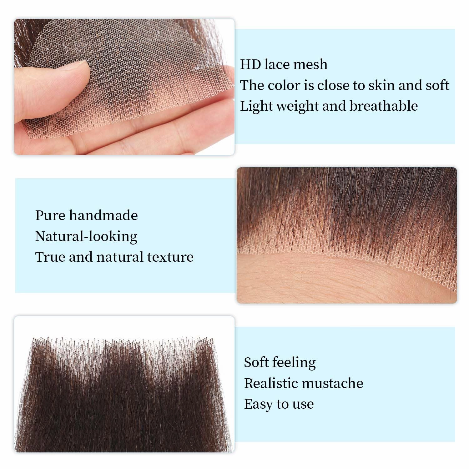 Parceria Fake Mustache, Easy Applying Hand Tied Human Hair Fake Beard, Comfortable and Skin Friendly Realistic Lace Costume Facial Hair for Men Theatrical, Cosplay, Drama, Party, Movie (Brown)