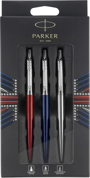 Parker Jotter London Trio Discovery Pack: Ballpoint Pen (Royal Blue), Gel Pen (Red Kensington), Mechanical Pencil (Stainless Steel) - Perfect Office and School Supplies