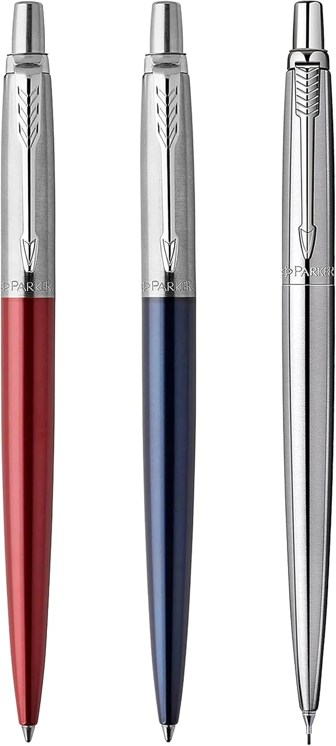 Parker Jotter London Trio Discovery Pack: Ballpoint Pen (Royal Blue), Gel Pen (Red Kensington), Mechanical Pencil (Stainless Steel) - Perfect Office and School Supplies