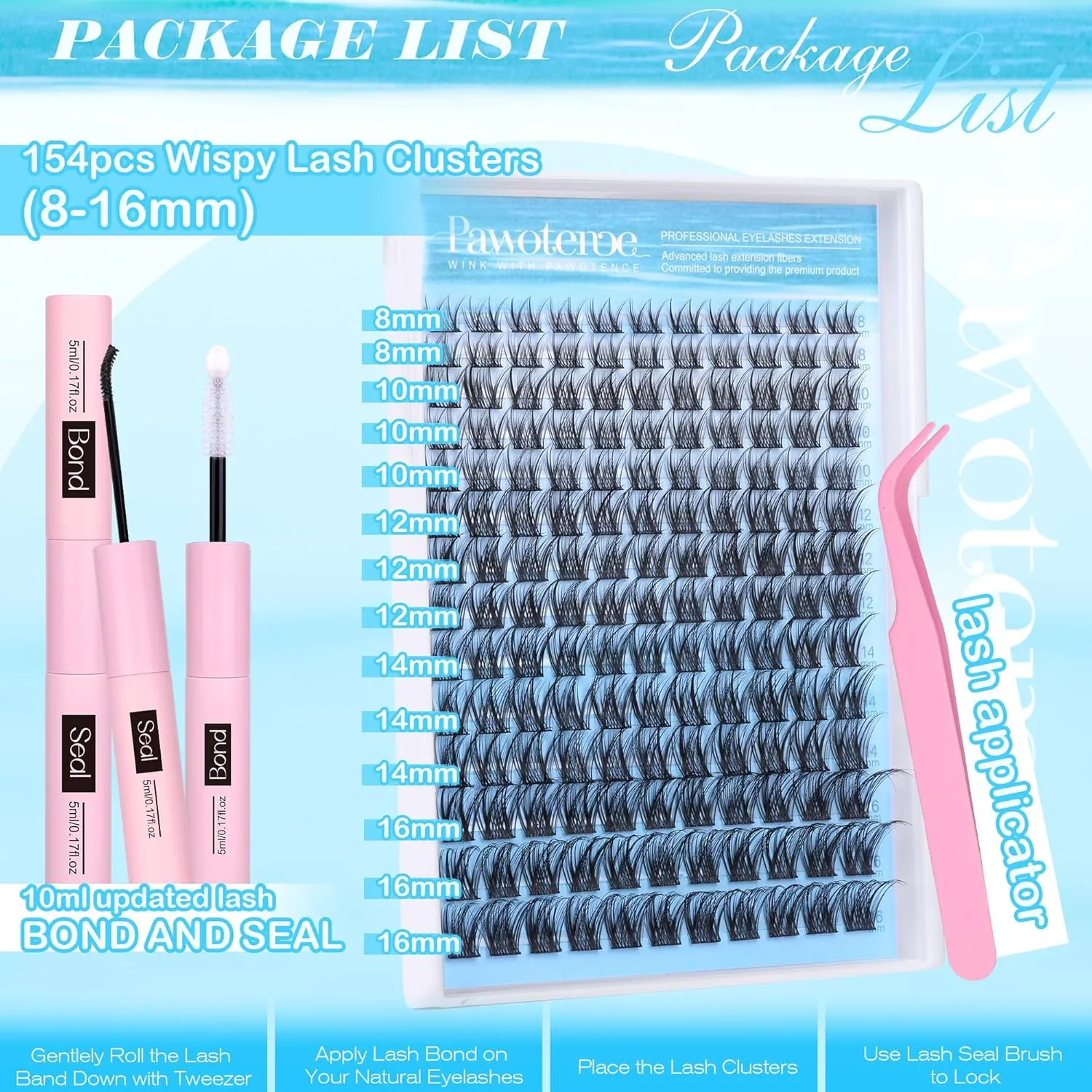 Pawotence Lash Clusters Kit Wispy Lash Extension Kit 8-16mm Natural Cluster Eyelash Extension Kit Individual Lashes 154pcs Eyelash Clusters with Lash Bond and Seal, Lash Tweezers for Self Use