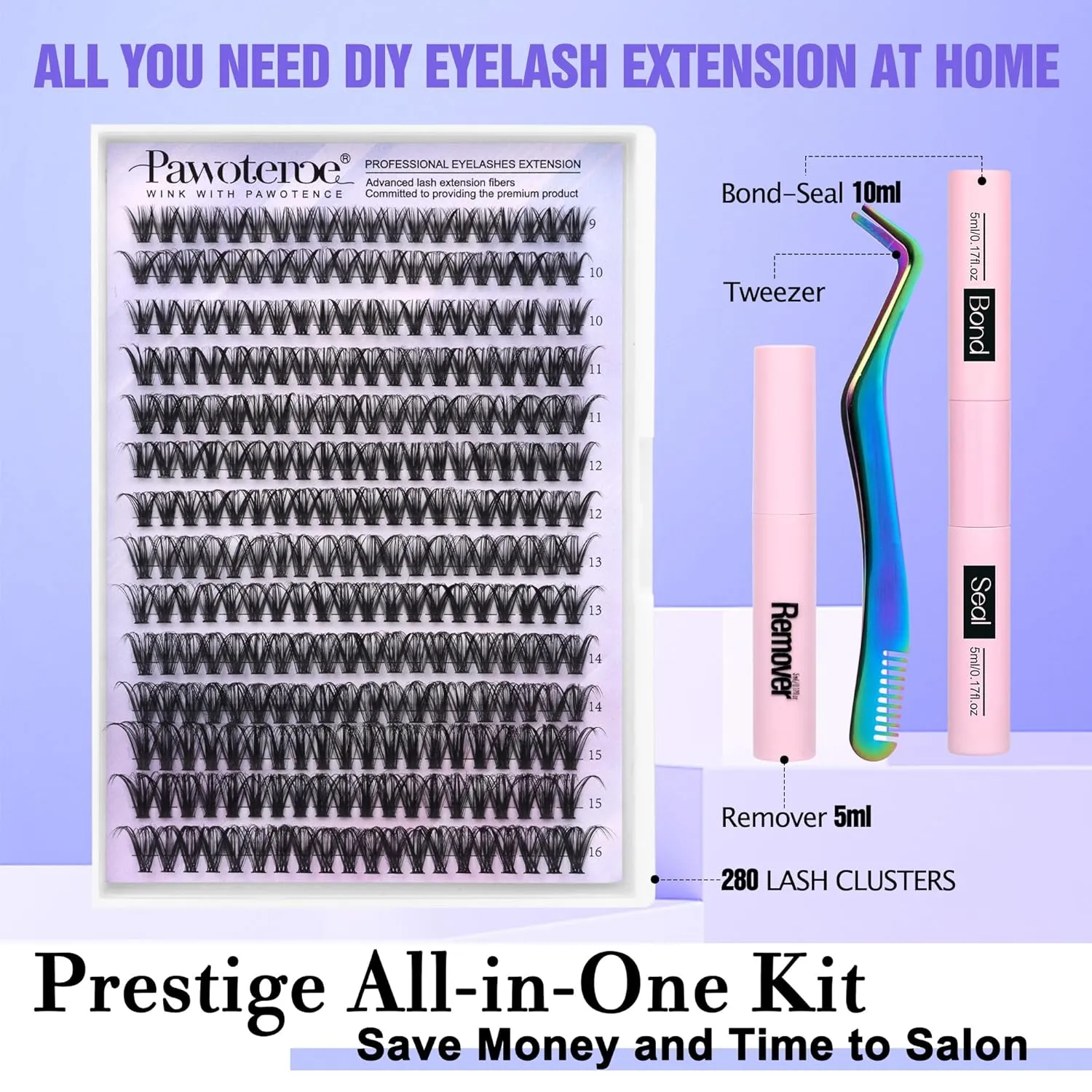 Pawotence Lash Extension Kit DIY 280pcs Individual Lash Clusters Kit 9-16mm 40D Cluster Eyelash Extension Kit with Lash Bond and Seal, Lash Remover, Lash Tweezers for Self Use (40D, 9-16mm, All Kit)