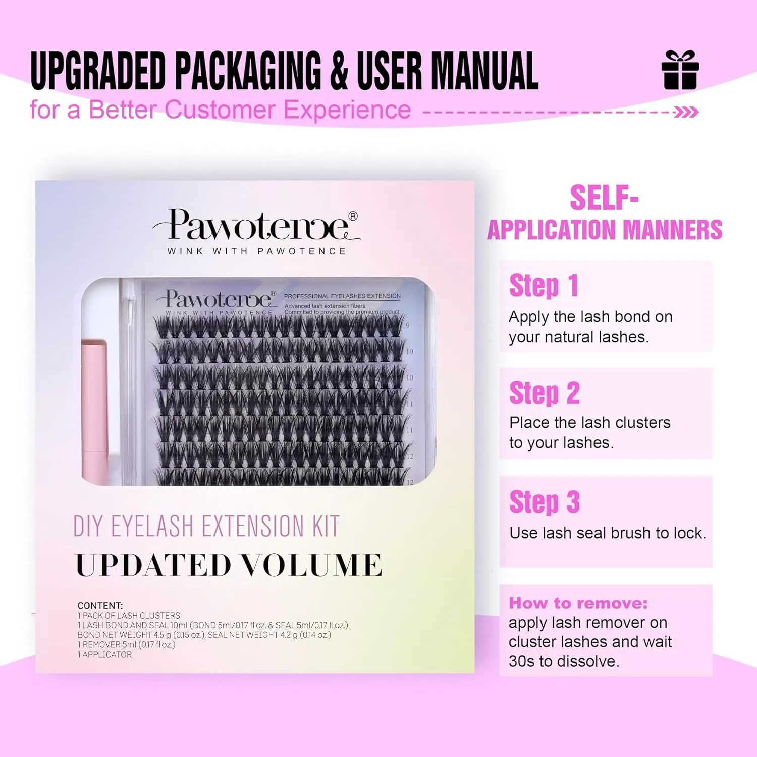 Pawotence Lash Extension Kit DIY 280pcs Individual Lash Clusters Kit 9-16mm 40D Cluster Eyelash Extension Kit with Lash Bond and Seal, Lash Remover, Lash Tweezers for Self Use (40D, 9-16mm, All Kit)