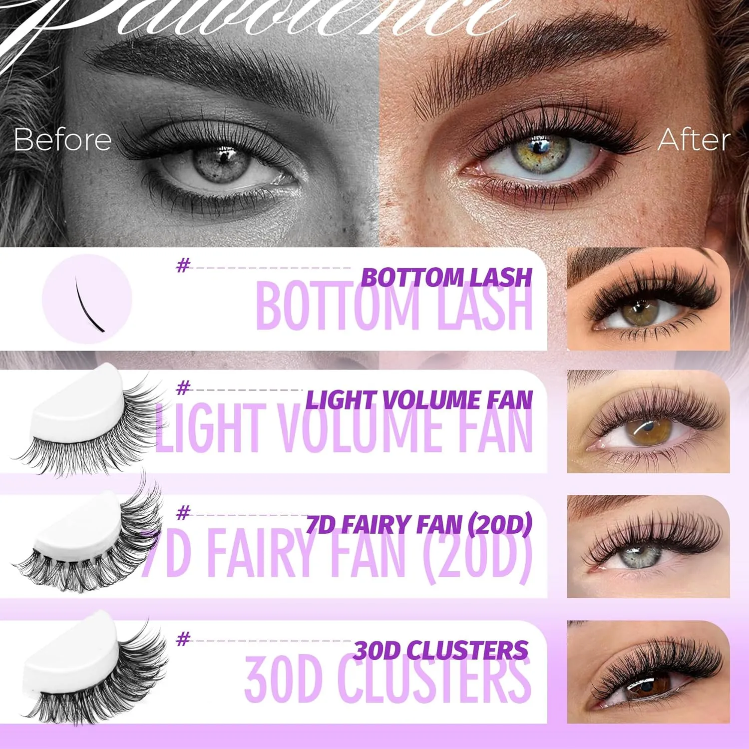 Pawotence Lash Extension Kit Lash Clusters Multi-types Individual Lashes Natural Bottom, Light Volume, 20D 30D Clusters Eyelash Extension Kit with Lash Bond and Seal, Lash Applicator for Self Use