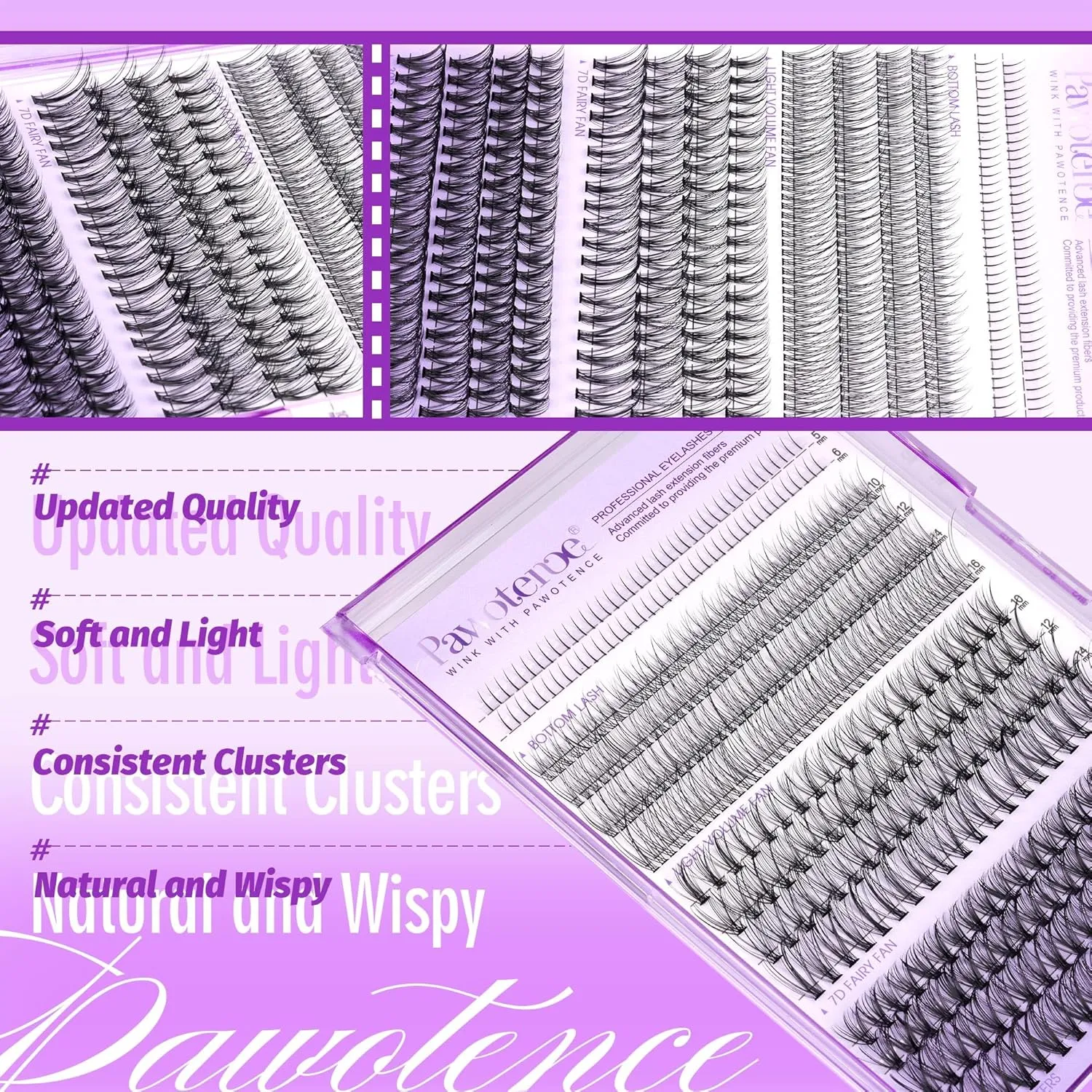 Pawotence Lash Extension Kit Lash Clusters Multi-types Individual Lashes Natural Bottom, Light Volume, 20D 30D Clusters Eyelash Extension Kit with Lash Bond and Seal, Lash Applicator for Self Use