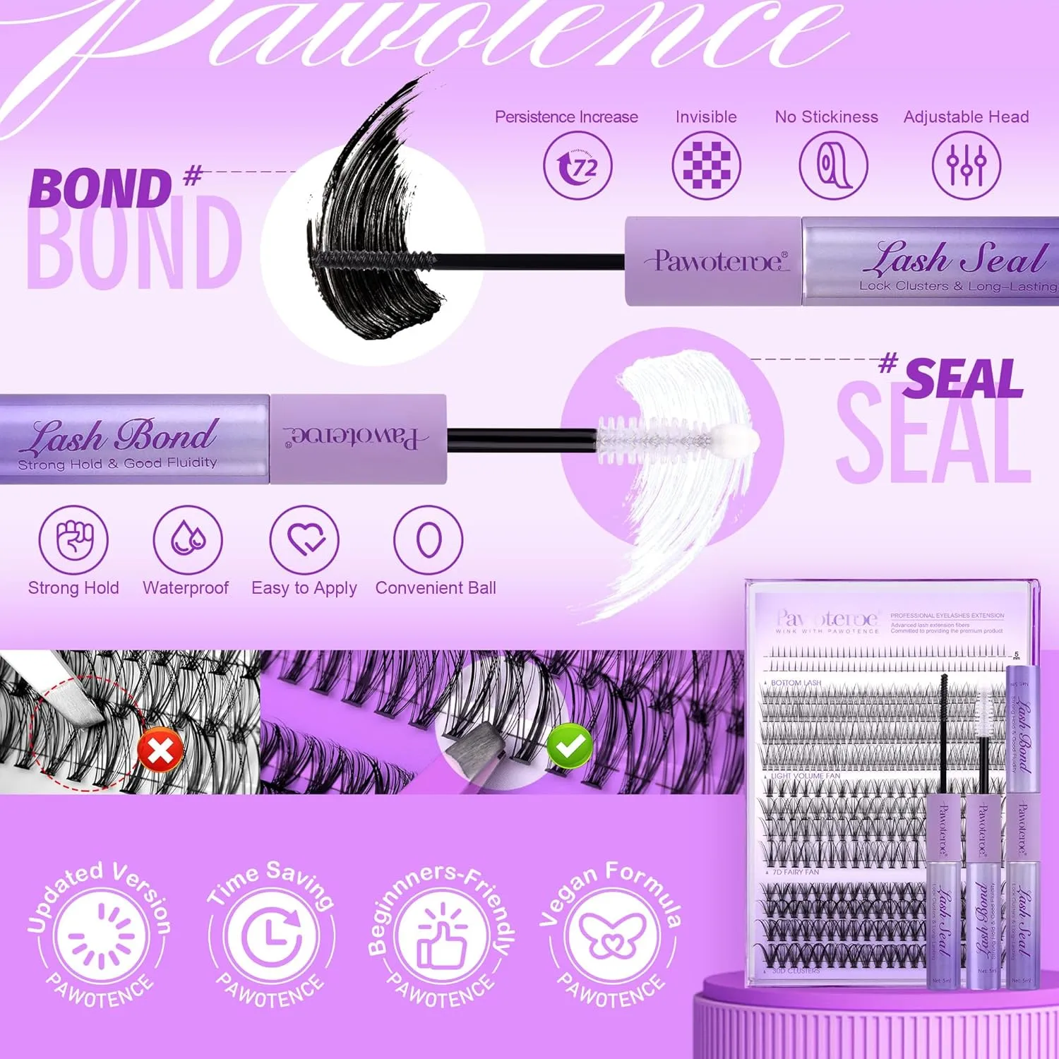 Pawotence Lash Extension Kit Lash Clusters Multi-types Individual Lashes Natural Bottom, Light Volume, 20D 30D Clusters Eyelash Extension Kit with Lash Bond and Seal, Lash Applicator for Self Use