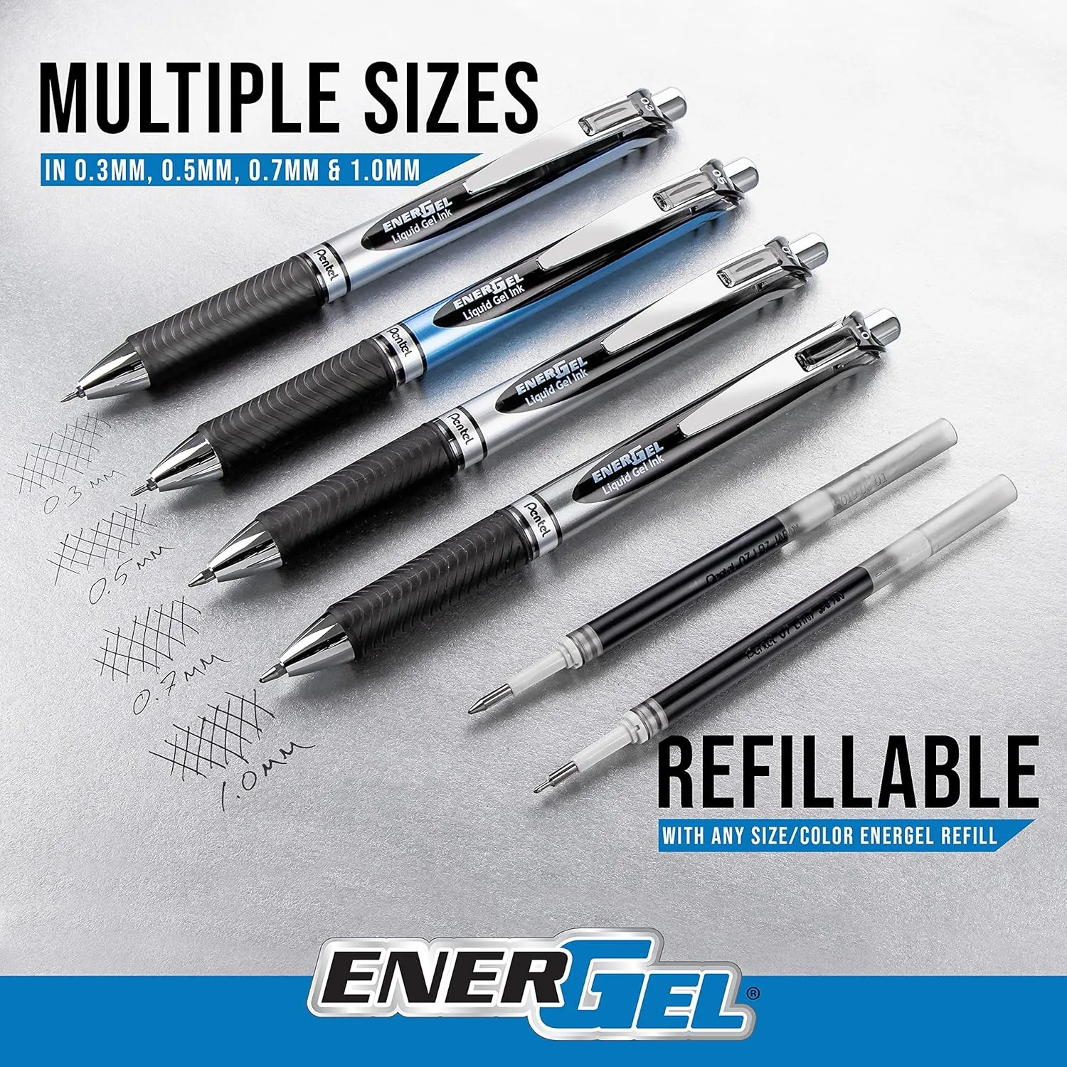 Pentel Gel Ink Pen, EnerGel RTX Gel Pens, 0.7 mm Metal Tip, Black/Silver Barrel, Blue Ink, 12 Each (BL77-C)