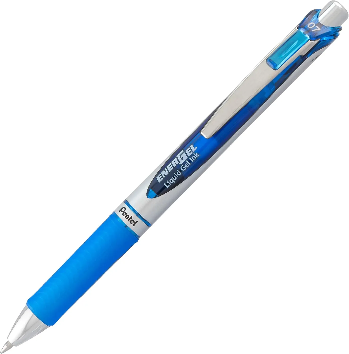 Pentel Gel Ink Pen, EnerGel RTX Gel Pens, 0.7 mm Metal Tip, Black/Silver Barrel, Blue Ink, 12 Each (BL77-C)