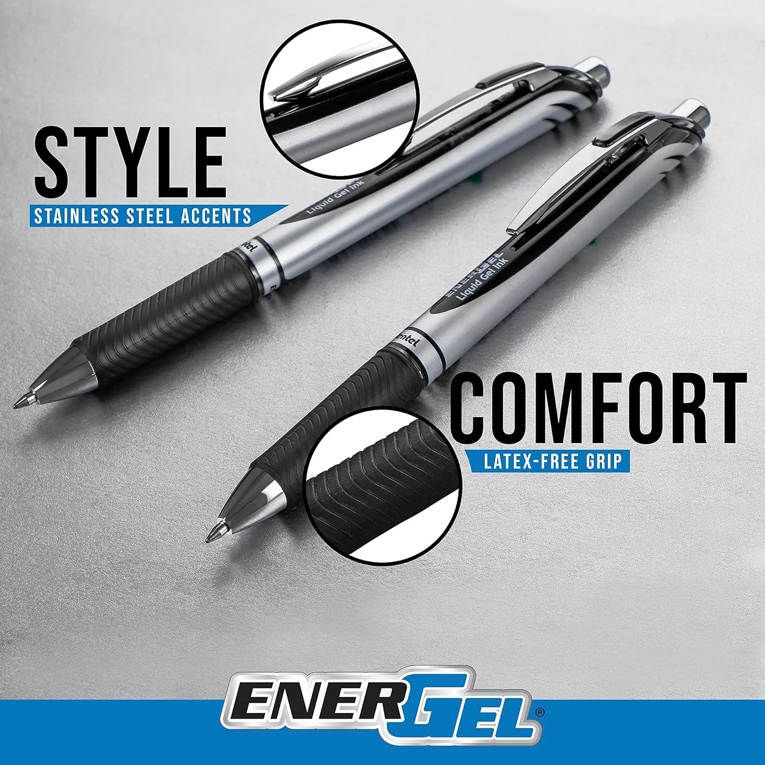 Pentel Gel Ink Pen, EnerGel RTX Gel Pens, 0.7 mm Metal Tip, Black/Silver Barrel, Blue Ink, 12 Each (BL77-C)