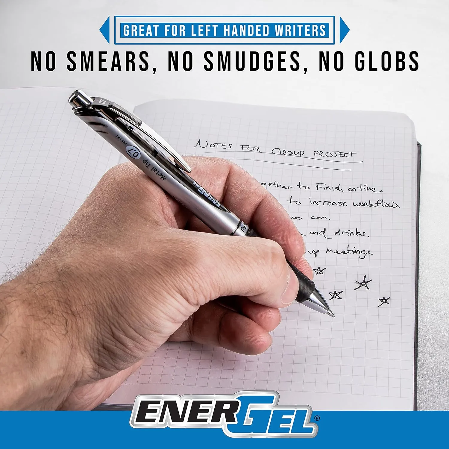 Pentel Gel Ink Pen, EnerGel RTX Gel Pens, 0.7 mm Metal Tip, Black/Silver Barrel, Blue Ink, 12 Each (BL77-C)