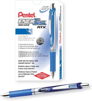 Pentel Gel Ink Pen, EnerGel RTX Gel Pens, 0.7 mm Metal Tip, Black/Silver Barrel, Blue Ink, 12 Each (BL77-C)