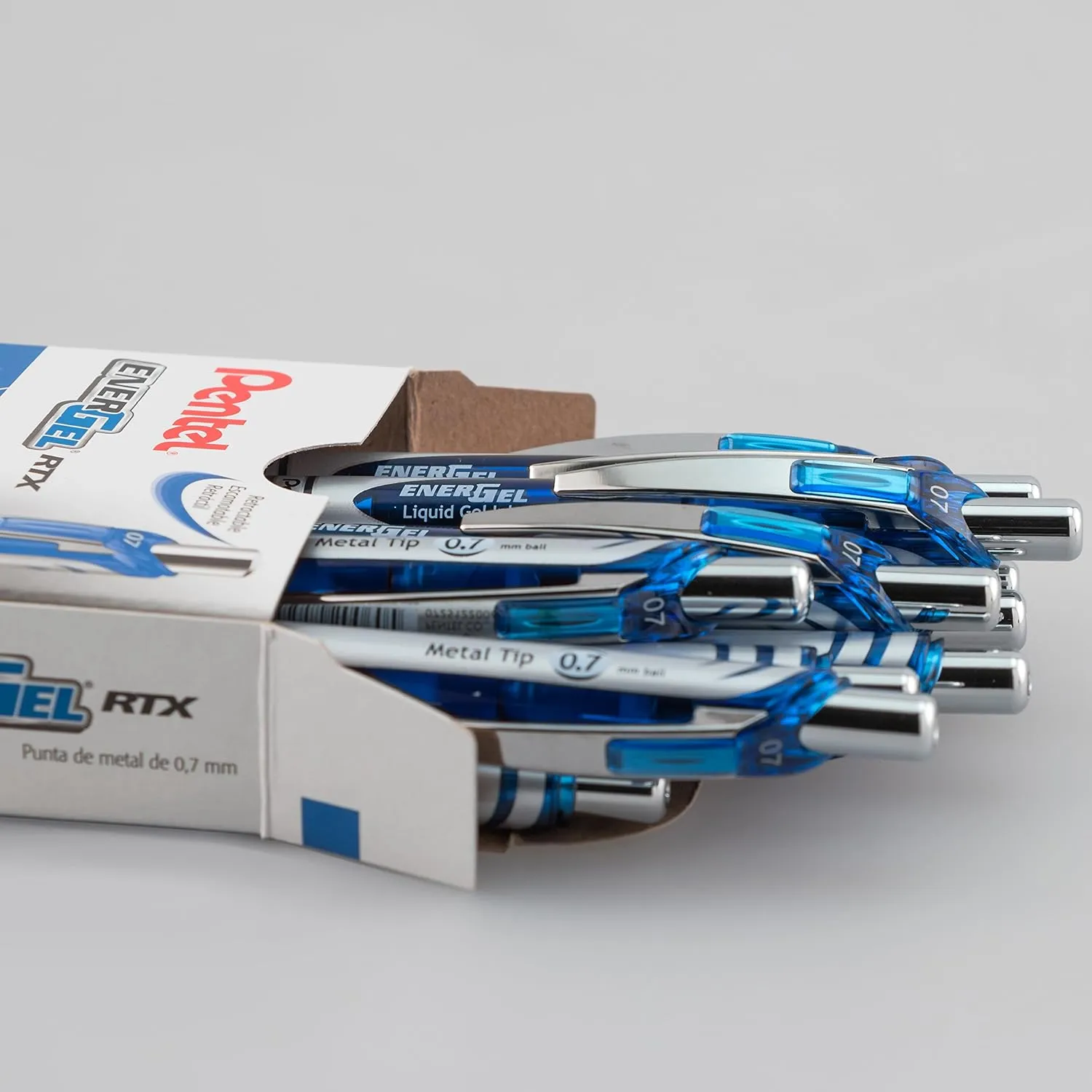 Pentel Gel Ink Pen, EnerGel RTX Gel Pens, 0.7 mm Metal Tip, Black/Silver Barrel, Blue Ink, 12 Each (BL77-C)