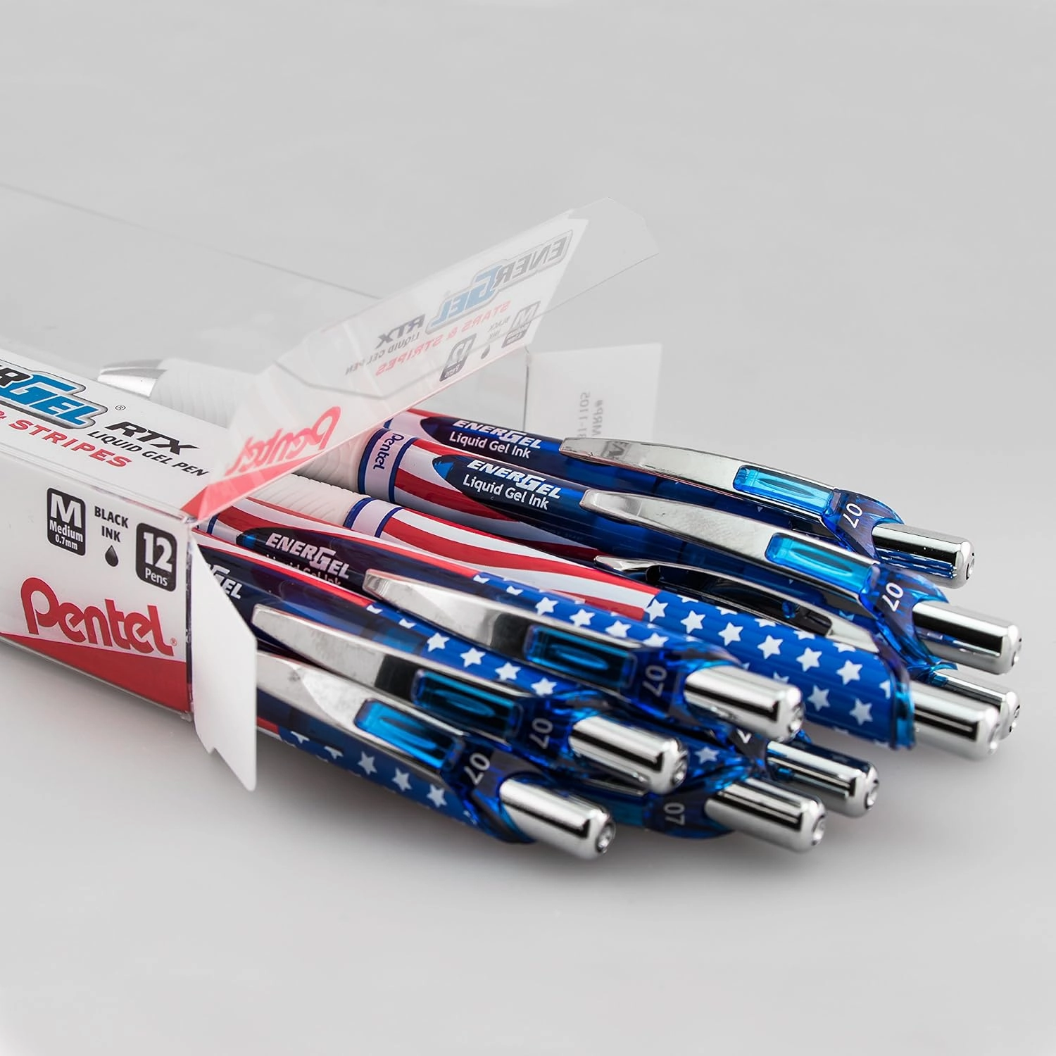 Pentel EnerGel RTX Retractable Liquid Gel Pen, (0.7mm) Medium Line, Metal Tip, Flag Barrel, Black Ink (BL77USA-A) (Pack of 1, 12 Count Total)