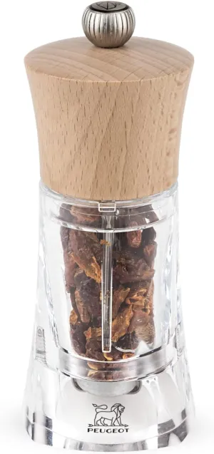 Peugeot - Oleron Manual Chili Pepper Mill - Transparent Adjustable Spice Grinder - Acrylic and Beechwood, Natural, 5.5 Inches