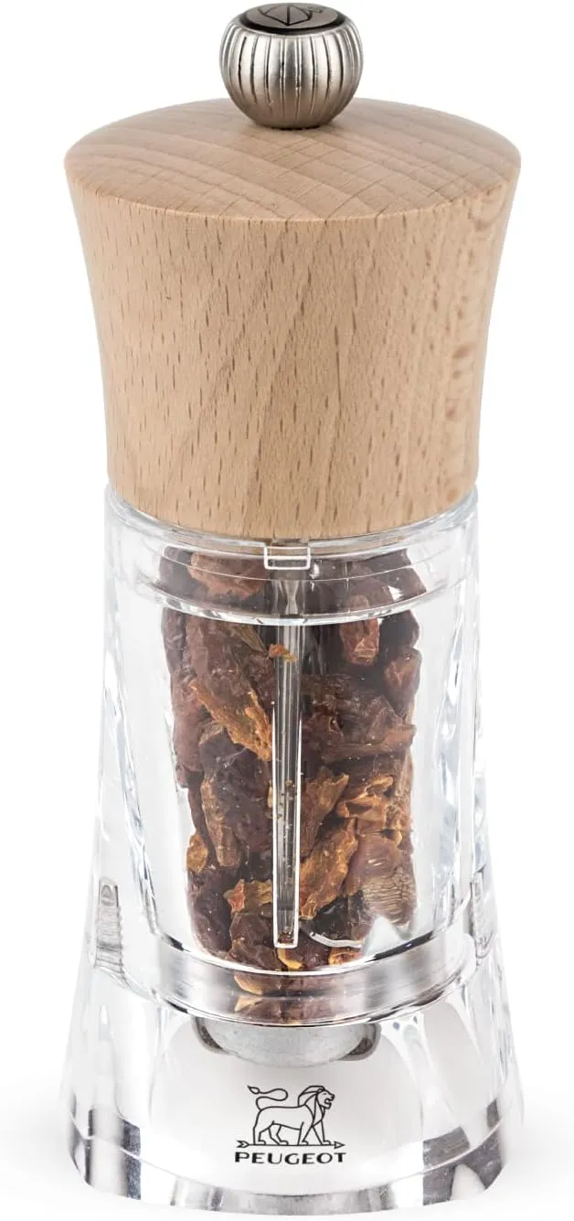 Peugeot - Oleron Manual Chili Pepper Mill - Transparent Adjustable Spice Grinder - Acrylic and Beechwood, Natural, 5.5 Inches