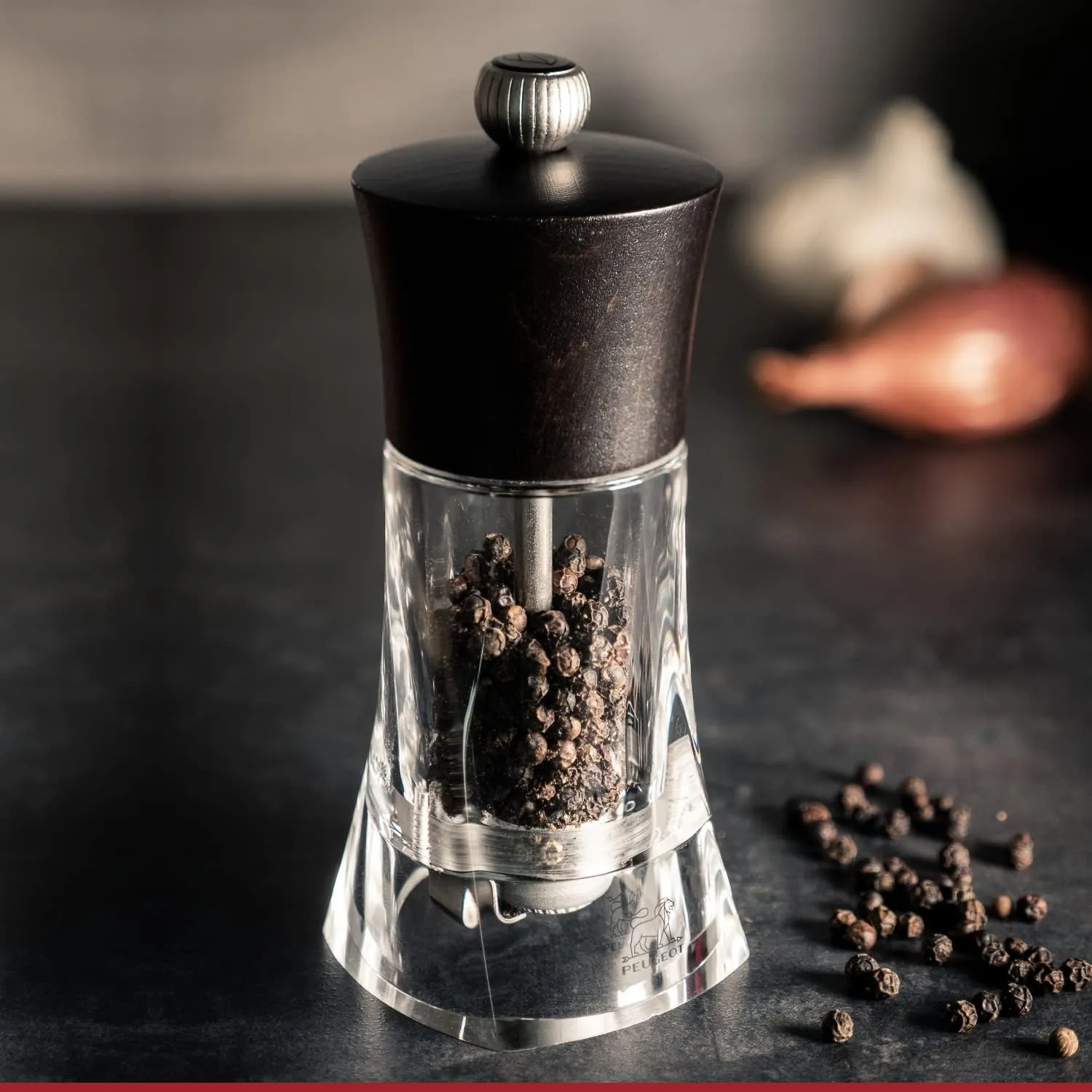 Peugeot - Oleron Manual Chili Pepper Mill - Transparent Adjustable Spice Grinder - Acrylic and Beechwood, Natural, 5.5 Inches
