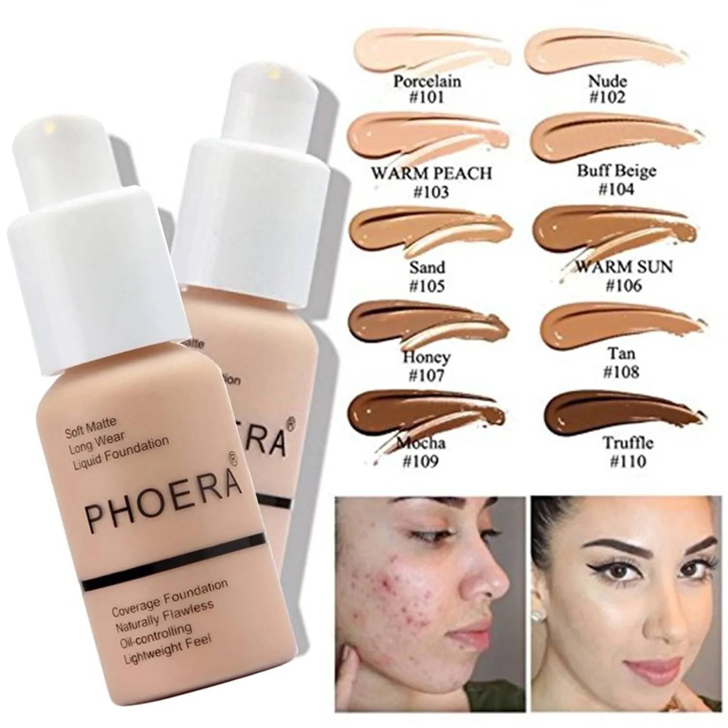 Phoera Flawless Matte Foundation & Concealer - 30ml Natural Oil Control, Full Coverage for Women (2 PCS 106 Warm Sun)